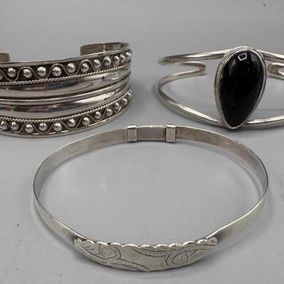 Black Onyx & Sterling Bangle Double Row Beaded Wide Sterling Cuff, Expandable Thin Bangle