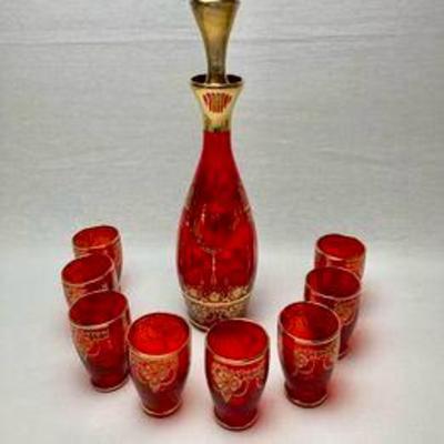 1920’s Venetian Ruby Decanter Set With 8 Glasses