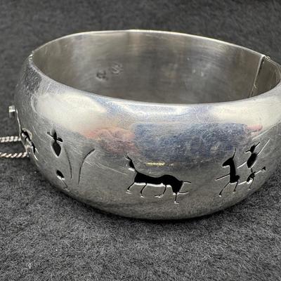 Mexican Sterling Bangle Bracelet-Bull Fighting Design 