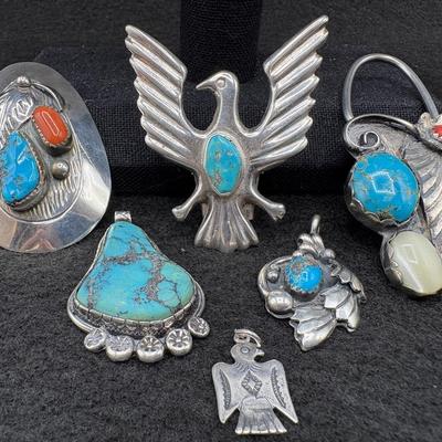 Collection Of Sterling & Turquoise Pendants, Key Ring & Clip