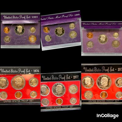Six Proof Sets 1976,1977,1978,1987,1988,1989 & 1 Mint 1990 Set