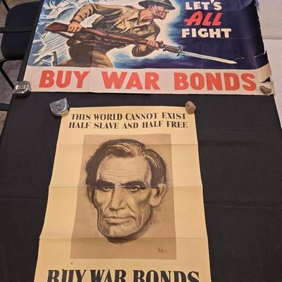 2 WWII War Bonds Posters "Let's All Fight", Abe Lincoln 