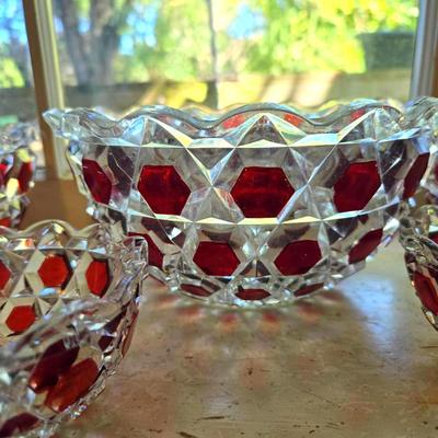 12 Pc Antique Ruby Block Pattern Glass Bowls