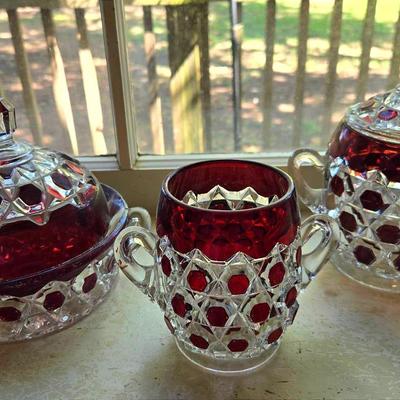 3 Piece Antique Ruby Block Pattern Glass Dishes