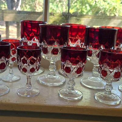 16 Pc Antique Ruby Block Pattern Cordial & Goblets Glasses