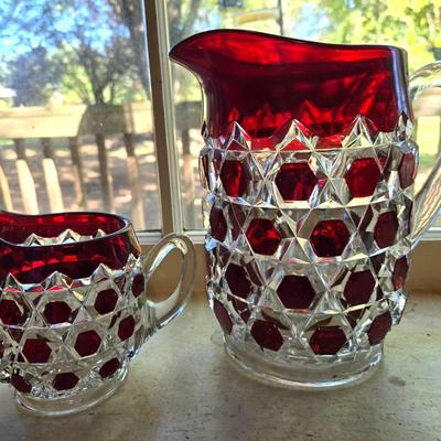 Antique Ruby Block Pattern Glass Pitcher & Creamer