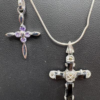 Two Cross Pendant Necklaces, One Shell, One Cross Pendant 