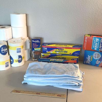 Paper Goods Lot - Toilet Paper, Ziploc Bags, Plastic Food Wrap 