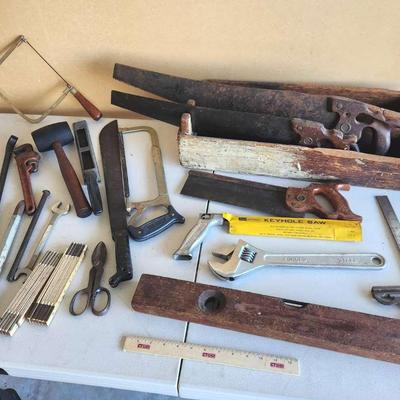 22pc Vintage Hand Tools & Wood Toolbox - Saws, Hatchet, Machete, Shears++