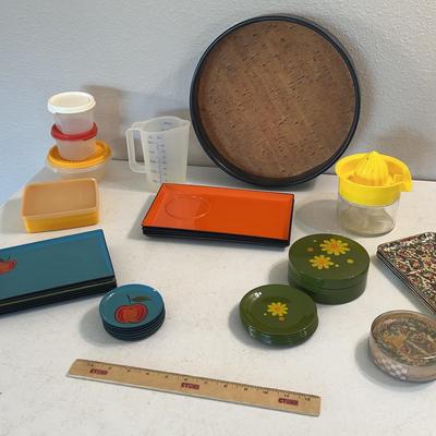 Vintage Kitchen Lot - Black Lacquer Trays, Tupperware Containers, & Leather Strapped Serving Tray