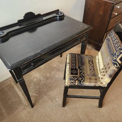 Antique Black Painted Wood Desk & Upholstered Chair - 34x21x33"