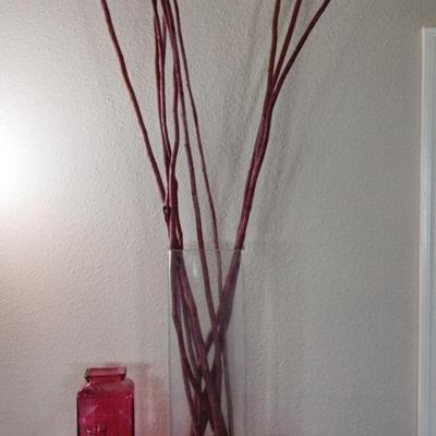 Decor Lot With Pink Accents - Baskets, Glass Vase W/ Pink Branches+