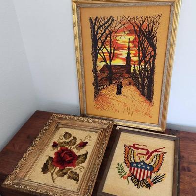 3 Vintage Handmade Framed Needlepoint Art Pieces
