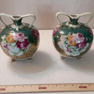 Antique Nippon Style Hand-painted Vases W/ Roses & Gold Accents