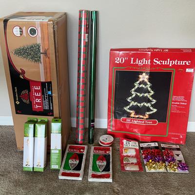 Christmas Lot - 4ft Christmas Tree, 20” Lighted Wall Tree, Wrapping Paper