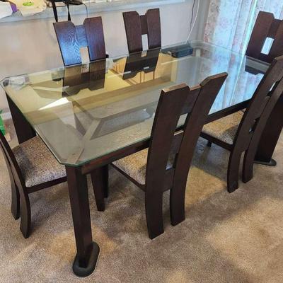 Modern Wood & Glass Top Dining Table & 6 Chairs - 72x42x30"