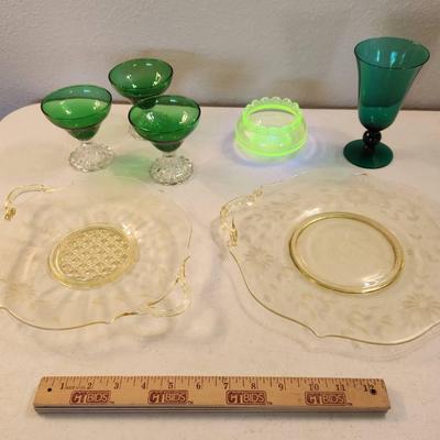 7pc Vintage Art Glass - Vaseline Glass, Green, Yellow Platters