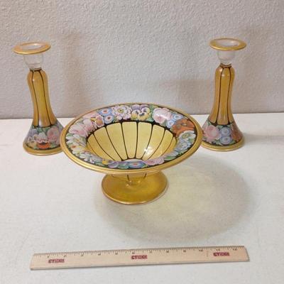 Vintage /Antique Decal? & HandPainted Art Nouveau Style Bowl W/Candle Holders