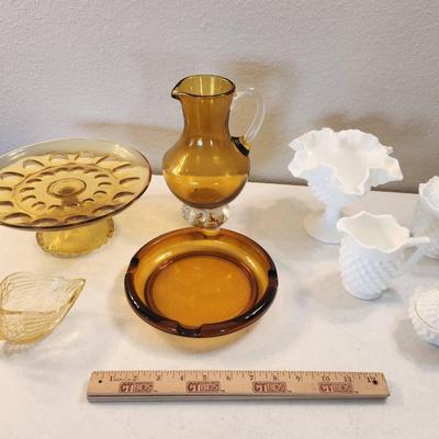 8pc Vintage Art Glass - Fenton Milk Glass, Amber/Yellow Hazel Atlas