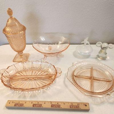 6pc Vintage Art Glass - Pink Depression, Iridescent Hummingbird Bottle, Elephant