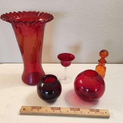 5pc Vintage Red Art Glass - Amberina Vase, Stoppered Bottle, Round Vases