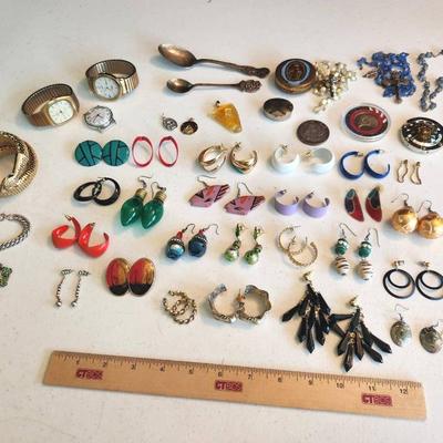 43pc Costume Jewelry - 24 Pairs Earrings, Timex Watches, Vint. Rosaries
