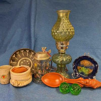 Glass and clay decor lot with empoli candle holders