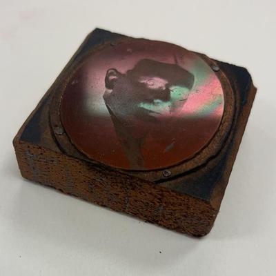 Antique wood photo portrait block with a copper plate