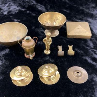 Miscellaneous brass manjiras bowls, hooks, manneken pis