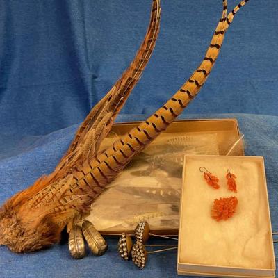 Hat pins feathers and coral jewelry
