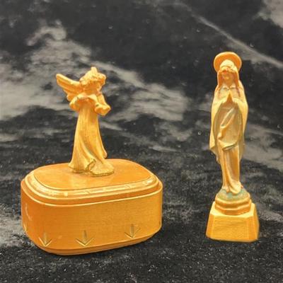 Pair of anri italy wooden sculptures virgin mary and angel trinket box