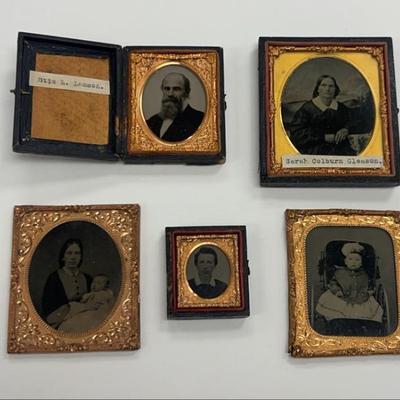 Five gilded framed collodion positives or ambrotypes relations