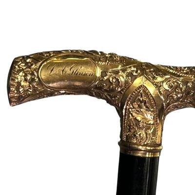 Gold plated derby handle antique cane black wood, 1882