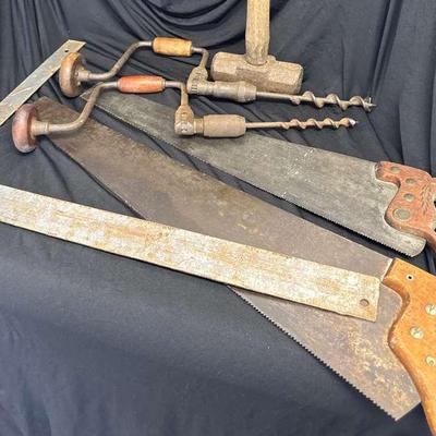 Two Hand Saws, Brace And Bits By Stanley & Simmons, Johnson Framing Square, & A 6lb. Sledge 