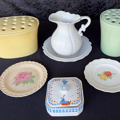 Various Ceramics-Small Pitcher & Wash Basin, Flower Pots, Japanese Trinket Dish & Collector Plates