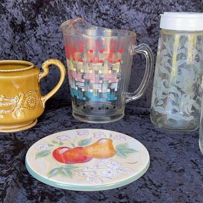 Vintage Kitchenware Assortment - MCM Pitchers, Maple Syrup Server, Jelly Jar, & Hot Plate 