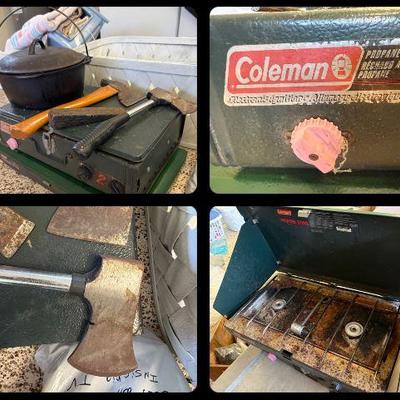 Campng Gear - Propane Camping Stoves, Cast Iron Camp Pot, Hatchets , Splitting Wedge  