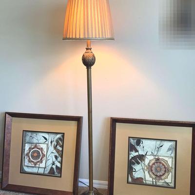 Gold Toned Resin Floor Lamp With Two Large Framed Wall Art