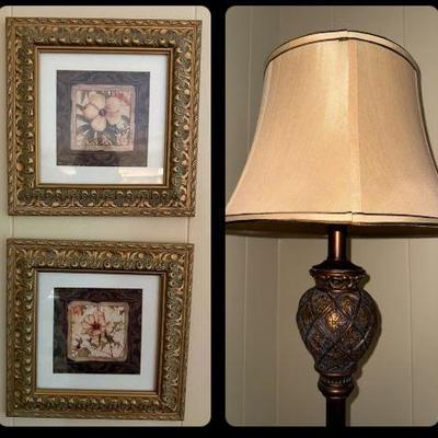 Brushed Bronze Colored Floor Lamp With Tan Shade + 2 Matching Framed Flower Prints