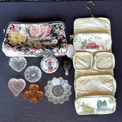 Glass Trinket/Jewelry Dishes, Avon Turtle Perfume Bottle, 2 Women’s Traveling Bags