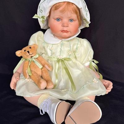 Treasury Collection AEL 2004 Baby 19” tall Porcelain Signed Doll, Blonde Hair Blue Eyes