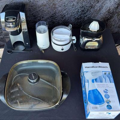 Group Of Household Appliances Includes Coffee Maker, Steamer, Skillet & Vintage Juicer
