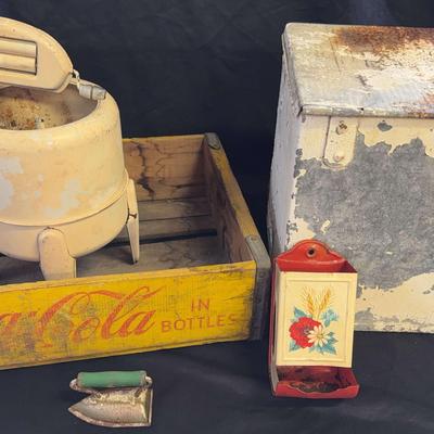 Antique Hood’s Metal Milk Container Vintage Coca-Cola Crate Antique Wringer Washer Sunny Suzy Iron 