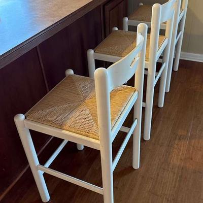 3 White Kitchen Island Chairs W. Rush Seats