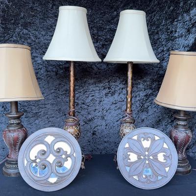 4 Scroll Design Resin Base Table Lamps & 2 Wall Hangings