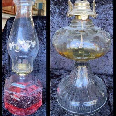 2 Antique Glass Hurricane Oil Lamps