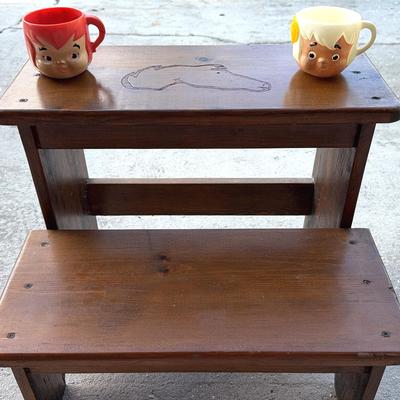 Vintage Bambam And Pebbles Plastic Mugs & Wooden Stepstool