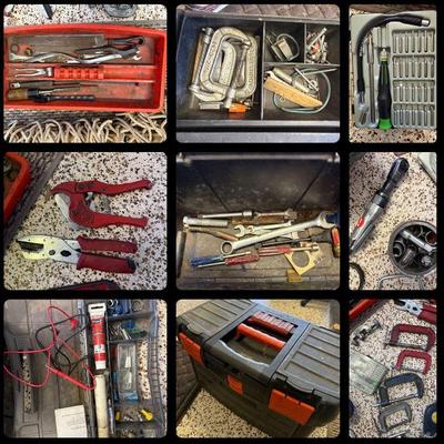 Tool Box Of Clamps, Files, Sockets, Flex Shaft Driver Set, Pneumatic Air Ratchet, Wrenches, + More