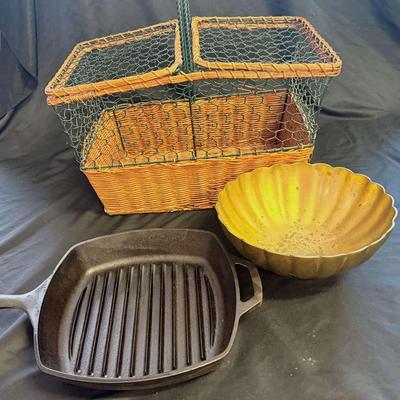 Lodge Cast Iron Pan, Korea Brass Scalloped Bowl & Chicken Wire Basket 