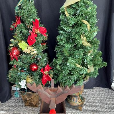 Two 3’ Christmas Trees And A Wooden Reindeer Box